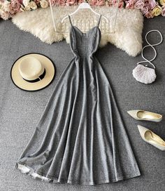 Gray V-neck Solid Color Dress, Silver Spring Dress With Spaghetti Straps, Silver Spaghetti Straps Dress For Spring, Silver Spaghetti Strap Dress For Spring, Silver Spaghetti Strap Spring Dress, Fitted Solid Gray Dress, Trendy A-line Party Dress, Gray Maxi Party Dress, Gray Maxi Length Party Dress