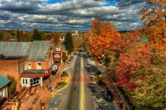 an aerial view of a street in the fall with trees changing colors and clouds overhead