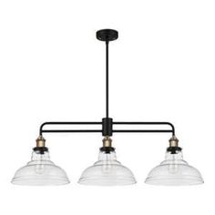 three light chandelier with clear glass shades on the bottom and black metal arms