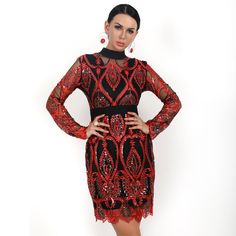 Gender: Women Sleeve Style: REGULAR Dresses Length: Above Knee, Mini Silhouette: Sheath Neckline: O-Neck Waistline: empire Season: Summer Style: Sexy & Club Material: Polyester Sleeve Length(cm): Full Decoration: Sequined Pattern Type: Solid Glamorous Red Stretch Bodycon Dress, Red Fitted Bodycon Dress For Holiday, Holiday Red Fitted Bodycon Dress, Glamorous Red Stretch Dresses, Glamorous Red Stretch Mini Dress, Red Sequin Stretch Dress, Red Bodycon Midi Dress For Party, Red Stretch Sequin Dress, Stretch Red Sequin Dress