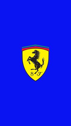 a blue background with a yellow and red ferrari emblem on it's left side