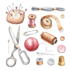 watercolor illustration of sewing supplies