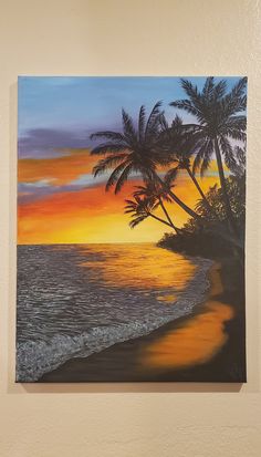 a painting of palm trees on the beach at sunset