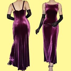 Purple velvet stretch evening gown with a longer trail at the back & a zip up the back UK 10-12 ✨Condition: No faults or marks ✔️ ✨Size: UK 10-12 - pinned to the model - stretch fabric  ✨Measurements:  Waist - 30" Bust - 35" Hips - 41" ✨Label: Richards  ✨Length: Maxi - ankle to floor length on the 5'8 model  ✨Model size: 10 ✨Model height: 5'8 Any questions please do not hesitate to ask These are vintage items so are in a used condition and may have loose stitching or marks however all noticeable 1920s Purple Dress, Velvet Clothing, Mode Purple, Purple Velvet Dress, Evening Dresses Uk, Velvet Clothes, Vintage Gowns, Purple Velvet, Vintage Velvet