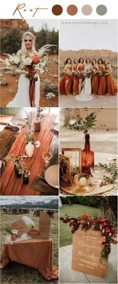 a collage of photos with flowers and greenery, including an orange table cloth