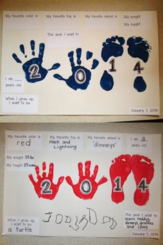 two pictures of handprints with numbers on them