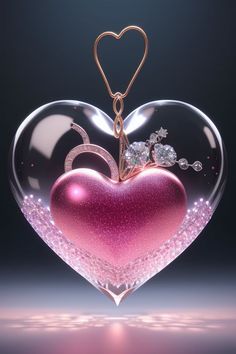 a heart shaped glass ornament with two rings and diamonds in the shape of a heart