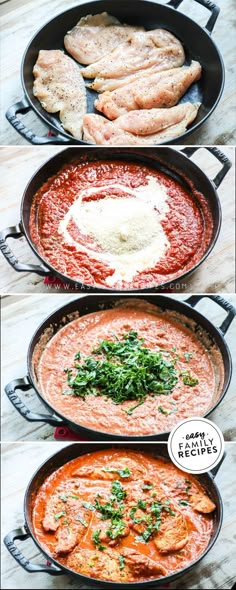 four pans filled with different types of food