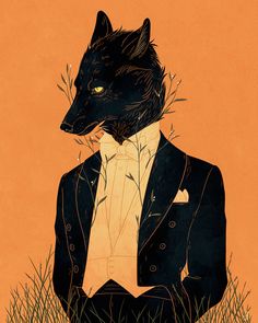 an illustration of a black wolf in a tuxedo sitting on the ground with grass