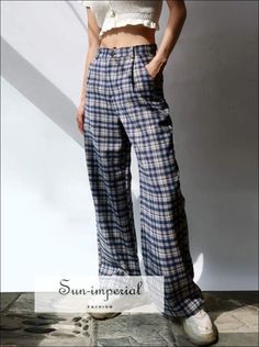 Women Blue Gingham Tailored Wide Leg Trousers in Blue Plaid Wide Leg Pants Casual Gingham Wide Leg Bottoms, Casual Wide Leg Gingham Bottoms, Trendy Plaid Wide Leg Bottoms, Blue Full-length Bottoms With Button Closure, Blue Full Length Bottoms With Button Closure, Summer Plaid Straight Pants, Casual Plaid Bottoms With Button Closure, Plaid Straight Pants For Summer, Summer Plaid Wide Leg Bottoms