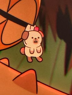 a cartoon dog hanging from the side of a wall