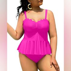 Pink Tankini, Peplum Tankini, High Waisted Swim Bottoms, Plus Size Tankini, High Waisted Swim