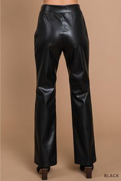 A glossy, smooth faux-leather finish elevates these straight-leg pants cut in a flawless silhouette that compliments every body type. • Faux Leather • Side Zipper• Front Seam Chic Black Pants With Straight Silhouette, Chic Straight Pants, Faux Leather Straight Leg Pants For Night Out, Faux Leather Straight Leg Pants For Business Casual, Straight Leg Faux Leather Pants For Night Out, Business Casual Faux Leather Straight Leg Pants, Sleek Faux Leather Formal Bottoms, Sleek Straight Leg Leather Pants For Formal Occasions, Sleek Solid Faux Leather Pants