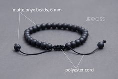 "Black minimalist bracelet. Matte Onyx Matching jewelry. Give a gift with Intention! The Matte Onyx bracelet is a perfect choice for a gift full of meaning and personal significance. Components: ♦ Matte Onyx beads, 6mm in diameter ♦ Polyester cord ONYX * Protection * Strength * Good Luck * Healing * Astrological signs: Leo, Capricorn, Gemini Primary Chakra: Root Black onyx is one of the most unique and powerful stones. It is best known for its protective qualities. Black onyx is an excellent sto Durable Black Braided Bracelets As Gift, Minimalist Adjustable Durable Bracelet, Durable Black Braided Bracelet As Gift, Durable Black Braided Bracelet Gift, Black Round Bracelets With Sliding Knot, Protection Energy, Capricorn Gemini, Suede Bracelet, Chakra Root