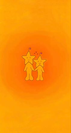 an orange background with two cartoon figures holding hands