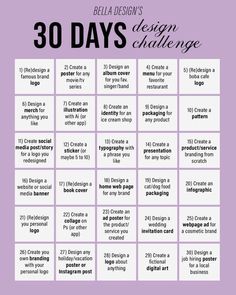 the 30 days challenge is shown in purple and white with text that reads, design challenge