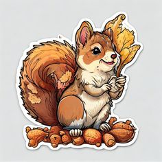 a sticker with an image of a squirrel and nuts on it's back