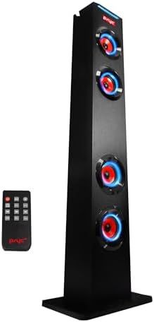 a black tower speaker with blue and red lights on it next to a remote control