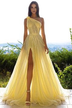 Glittering One Shoulder Daffodil Sequins Prom Dress Long Split Online-Ballbella Sequin Prom Dresses Long, Robes D'occasion, One Shoulder Prom Dress, Sequin Prom Dress, Sleeveless Gown, Sequin Prom Dresses, Beaded Prom Dress, فستان سهرة, Quince Dresses