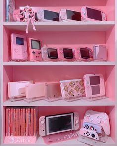 there are many electronic devices on the shelves