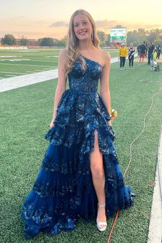 2024 one shoulder navy blue tull sequin A-line tiered ruffles long prom dress formal dress with slit #promdress #prom2024 #navyblue Prom Dress Inspo, Stunning Prom Dresses, Cute Prom Dresses, Pretty Prom Dresses, Prom Outfits, Grad Dresses, Hoco Dresses