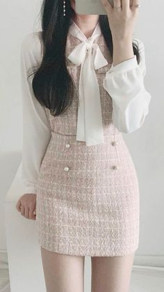 Baby pink matching set with white under blouse Random Outfits, Estilo Preppy, Kawaii Fashion Outfits, Looks Chic