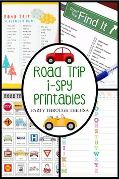 road trip printables with the words road trip, i - spy and party through the usa