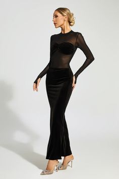 The Nydia Black Mesh Velvet Maxi Dress is a stunning addition to your wardrobe. Combining black mesh and velvet, this long-sleeved dress exudes elegance and allure. Perfect for autumn and winter, this bodycon dress enhances your curves while making you feel confident and sexy.  Dress Length: Approx 144cm Materials: Polyester Gentle Dry Clean Only  The model is 5 ft 7 and wears size S  Color may vary due to lighting on images. The product images (without a model) are closest to the true color of the product.  Item runs true to size chart and is cut to suit our size chart. Please refer to our size chart for the best fit. Do not size up or down. Velvet Maxi Dress, Velvet Maxi, Sleeved Dress, Product Images, Black Mesh, Feel Confident, Autumn And Winter, Dress Length, Bodycon Dress