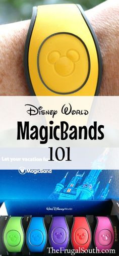 the disney world magicbands 101 is on display in front of an advertisement for disneyland world