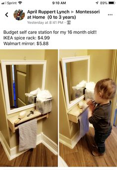 a toddler standing in front of a bathroom mirror