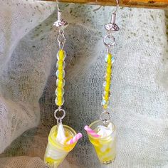 Lemon Italian Cream Soda Earrings Neon Yellow Summer Beach Jewelry, Party Jewelry With Yellow Ear Wire, Yellow Ear Wire Party Earrings, Yellow Jewelry With Ear Wire For Party, Casual Yellow Earrings Perfect For Gifts, Casual Yellow Earrings For Gift, Handmade Neon Yellow Jewelry For Summer, Adjustable Neon Yellow Summer Jewelry, Casual Handmade Yellow Earrings