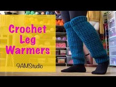 the legs and feet of a person wearing crochet leg warmers with text overlay