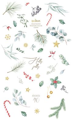 watercolor christmas clipart set with holly, mist and candy canes