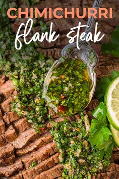 steak with cilantro sauce on top and garnished with fresh herbs next to it