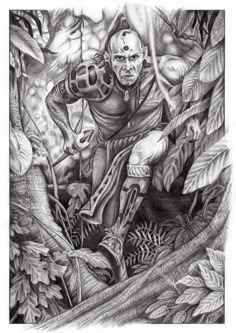 a pencil drawing of a man in the woods