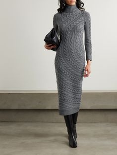 Max Mara reimagines the classic cable-knit with this dress, featuring bold, curved stitches for a modern twist. It's made from wool and cashmere-blend and has a close fit and cozy turtleneck. Wear yours with knee boots. Mini Dress Winter, Turtleneck Maxi Dress, Bordeaux Dress, Turquoise Maxi Dress, Cable Knit Dress, Oversize Sweatshirt, Long Sleeves Dress, Grey Maxi Dress, Dress Crochet