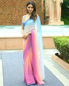 Multicolor Georgette Digital Print Saree, Alia Bhatt Inspired Georgette Saree Alia Bhatt Saree, Pure Georgette Sarees, Ready To Wear Saree, Ranbir Kapoor, Stylish Sarees, Saree Fabric, Saree Look, Chiffon Saree, Alia Bhatt