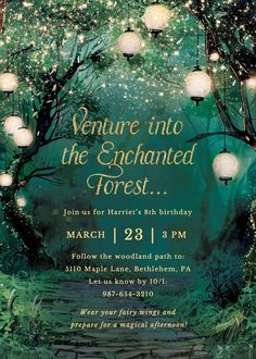 an image of a forest birthday party with lights on the trees and lanterns hanging from the branches