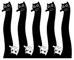 five black cats are lined up in a row