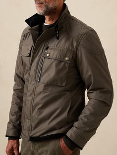 Moto imaginings flourish on this utilitarian style jacket inspired by earlier designs of the Royal Navy and reimagined in a super-sturdy recycled fabric.  Complete with a warm wool lining, quilted reinforcements to protect the shoulders and elbows, a Quilted Utility Jacket For Winter, Urban Winter Biker Jacket For Outdoor, Biker Style Winter Outdoor Outerwear, Casual Biker Jacket With Padded Collar For Outdoor, Fall Outdoor Biker Jacket With Padded Collar, Functional Quilted Jacket With Padded Collar For Fall, Rugged Long Sleeve Outerwear With Padded Collar, Outdoor Cotton Utility Jacket With Padded Collar, Functional Fall Outerwear For Urban Adventures