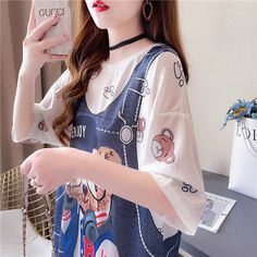 Product ID: JW4334 
 Material: Polyester 
 Color: Blue 
 Size Info: 
 One Size   Bust 120 cm, Length 90 cm, Sleeve 18 cm Light Blue T-shirt With Cartoon Print For Spring, Blue Cartoon Print Shirt For Spring, Light Blue Cartoon Print Top For Summer, Light Blue Cartoon Print Summer Tops, Casual Blue Shirt With Cartoon Print, Light Blue Cartoon Print Crew Neck Top, Light Blue Cartoon Print T-shirt For Spring, Spring Light Blue T-shirt With Cartoon Print, Blue Tops With Cartoon Print For Spring