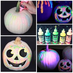 some pumpkins and other items are being painted with neon colors, including paint bottles