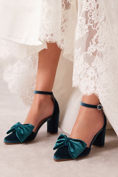 Our Aria design is simply dreamy. These green-petrol wedding heels are handmade upon order with attention to every detail. The elegant pointed pumps are fully lined with premium quality leather for extra comfort and durability. They feature a classy bow while they fasten slim ankle straps with our signature rounded buckle.  The velvet block heel shoes come in five colors and rest on a super stable and comfy heel that comes in 3 heights: 8cm (3 inches) or 5cm (2 inches) or flat with 1,5cm (0.6 inches). Whether you choose the Aria green pumps shoes for your wedding day or for a special event these stunners will be an ultra-stylish addition to your wardrobe. Please order your usual dress shoe size. If you wear half size or you are between two sizes go DOWN to the nearest whole size. We also o Flat Sandals Wedding, Blue Bridal Shoes, Comfy Heels, Strappy Pumps, Shoes Green, Green Heels, Velvet Shoes, Bridal Sandals, Bridal Heels