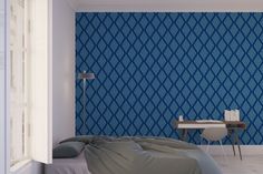 a bed room with a neatly made bed and a wall paper that has an abstract design on it