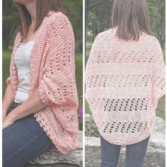 a woman sitting on a rock wearing a pink crocheted cardigan