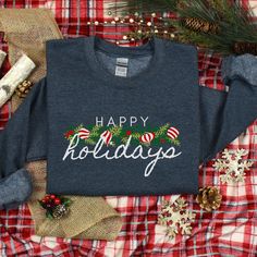 Happy Holidays Christmas Sweatshirt, Holiday Sweatshirt, Festive Sweatshirt, Ladies Crewneck Sweatshirt, Ugly Christmas Sweater, Xmas shirt The collar is ribbed knit, so it retains its shape even after washing. There are no itchy side seams on these sweaters.  .: 50% cotton, 50% polyester .: Medium-heavy fabric (8.0 oz/yd² (271.25 g/m .: Loose fit .: Sewn-in label .: Runs true to size *Please double check size chart to ensure correct fit. **Note:  actual colour may vary slightly from your comput Xmas Clothes, Xmas Outfits, Funny Xmas, Xmas Shirts, Holiday Sweatshirt, Holidays Christmas, Christmas Sweatshirts, Ugly Christmas, Christmas Sweater