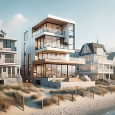 an artist's rendering of a beachfront home on the sand with multiple balconies