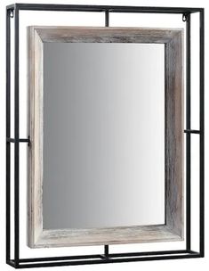 a white and black framed mirror with metal frame on the bottom, in front of a white background