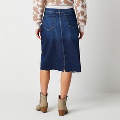 This a.n.a women's denim midi skirt is a casually cool piece you'll love pairing with sweaters, blouses, or tees. Cut for a high-rise from stretch-cotton, this skirt has a button-zip fly, 5-pocket tailoring, and a raw hemline for an added edge. Finish the look with ankle boots. Front Style: Flat FrontFeatures: Fly FrontClosure Type: Button & ZipperClosure Location: FrontPockets: 1 Front Coin Pocket, 2 Back Slip Pockets, 2 Front Slip PocketsRise: High RiseApparel Length: 27 Inches - FrontFiber C… Midi Denim Skirt, Skirts Denim, Midi Denim, Deep Indigo, Denim Skirts, Denim Midi Skirt, Denim Women, Stretch Cotton, Denim Skirt