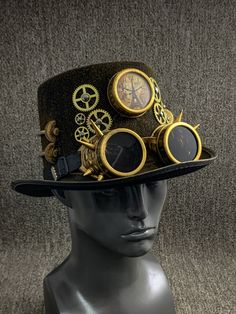 "This beautiful Steampunk Party Hat is made of 100% finest quality and hand-painted craftsmanship. Occasion: Great for Steampunk, Halloween, Music Festival, Burning Man, Masquerade Party, and more. Color: Black Inside Measurement: Length: 7.5\" Width:8\" Depth of Hat: 5.5\"" Adjustable Steampunk Costume Accessories For Fantasy Events, Steampunk Top Hat With High Crown For Themed Events, Steampunk Hat For Themed Events, Steampunk Brimmed Costume Accessories For Party, Steampunk Brimmed Costume Accessories For Costume Party, Steampunk Costume Accessories With Brimmed Shape, Steampunk Fitted Top Hat For Themed Events, Steampunk High Crown Hat For Themed Events, Fitted Steampunk Top Hat For Themed Events